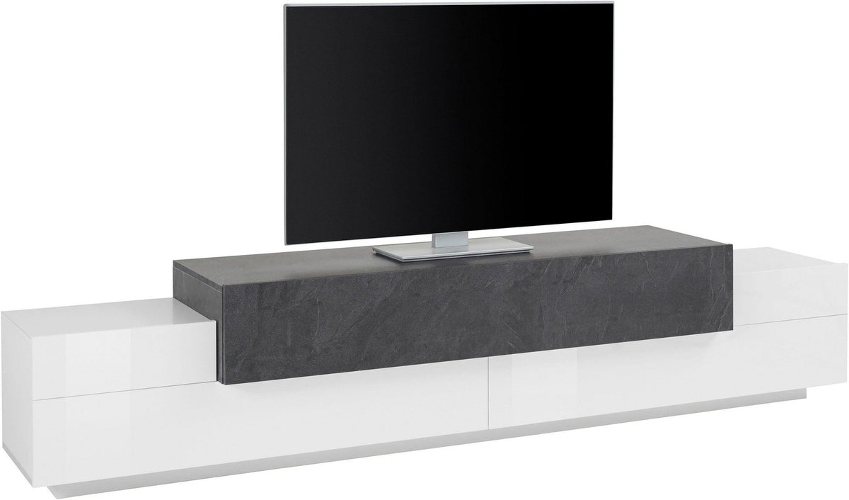 Porta TV CELESTIA bianco lucido con parte centrale antracite, vista di tre quarti su sfondo bianco #colore_Bianco Lucido/Antracite Opaco