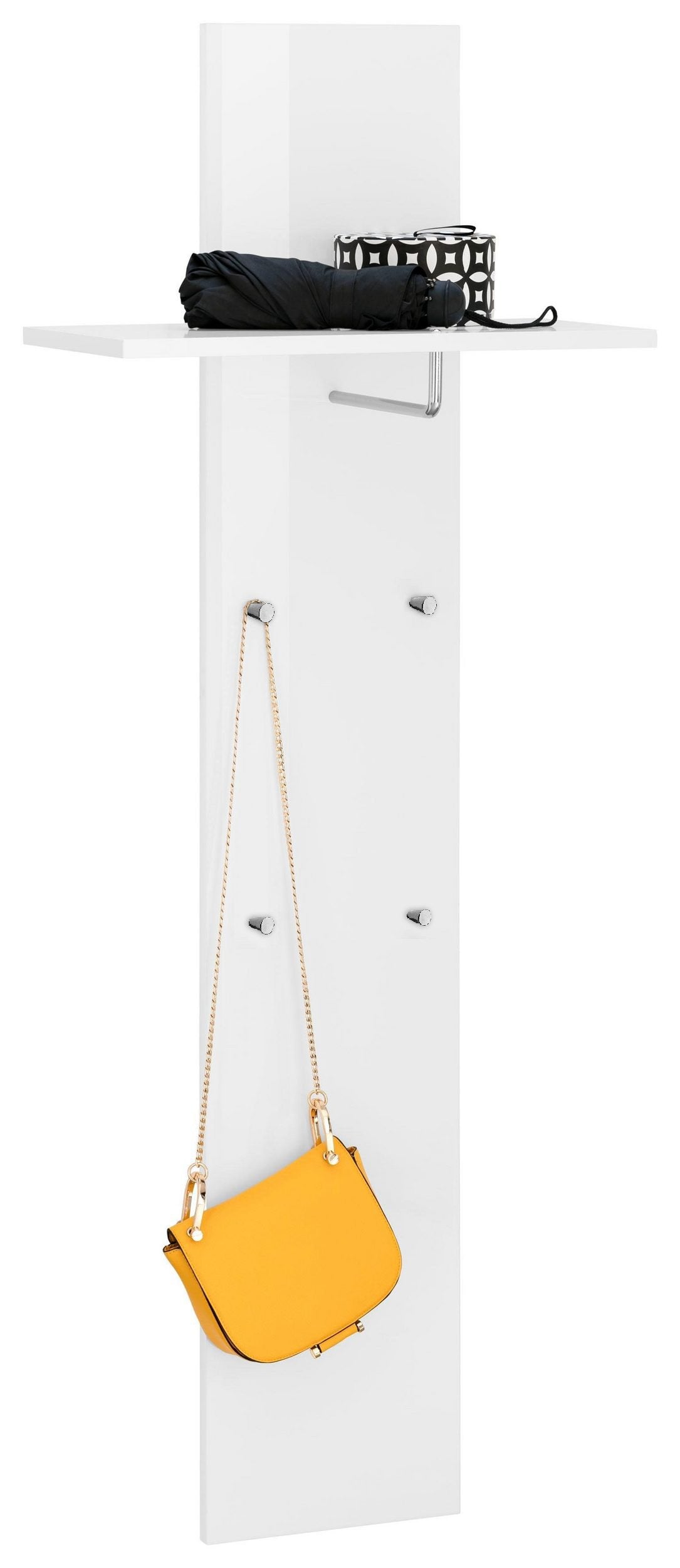 Appendiabiti da ingresso HADES bianco lucido con mensola, ombrello e borsa gialla appesa, vista frontale #colore_Bianco Lucido