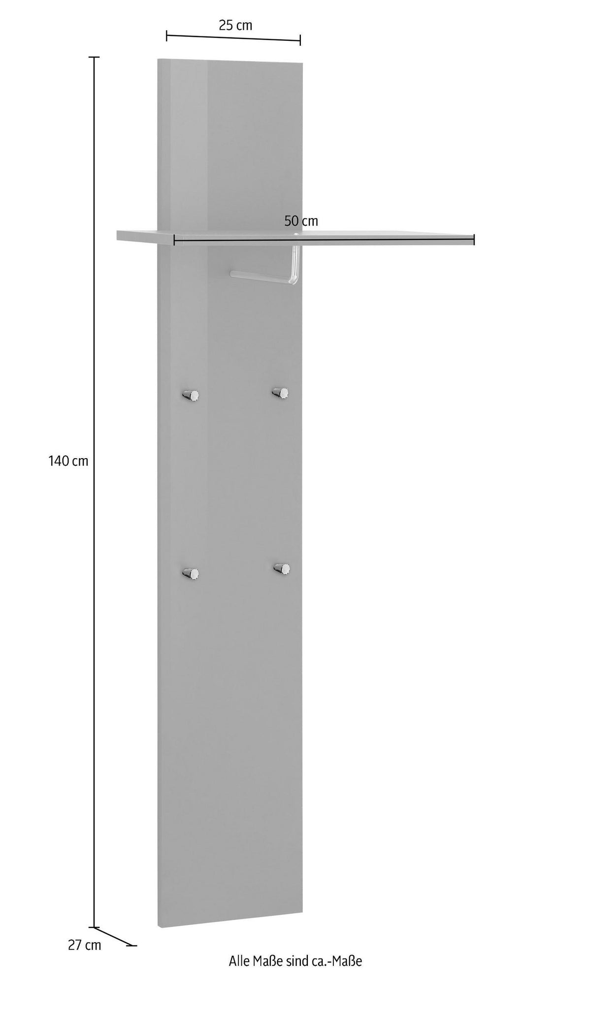 Misure dell'appendiabiti HADES: 25, 50, 140 e 27 cm, disegno tecnico quotato #colore_Bianco Lucido
