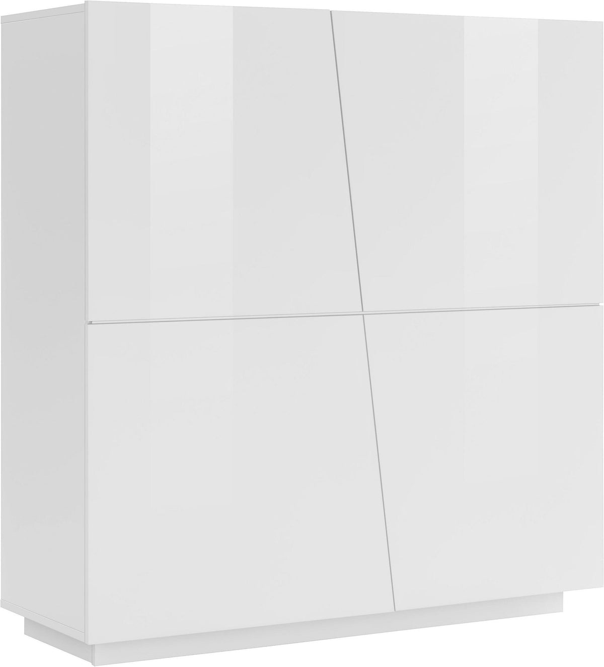 Credenza alta GALAXIA bianco lucido su sfondo bianco, vista di tre quarti con ante chiuse #colore_Bianco Lucido
