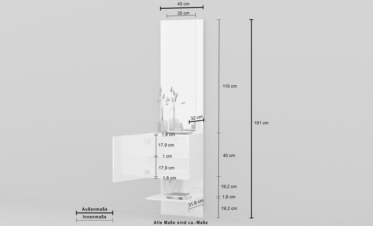 Specchiera PHOENIX bianco lucido con misure quotate: 191 cm di altezza e 45 di larghezza