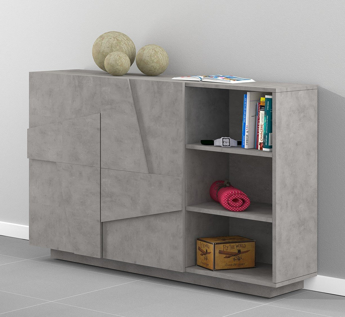 Credenza PULSE effetto cemento con due ante geometriche e vani a giorno in salotto