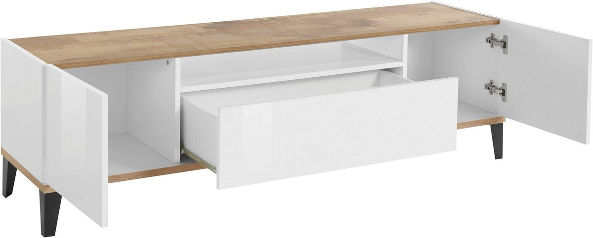 Porta TV ARTEMIS effetto legno con due ante laterali aperte e cassetto centrale parzialmente estratto #colore_Effetto Legno