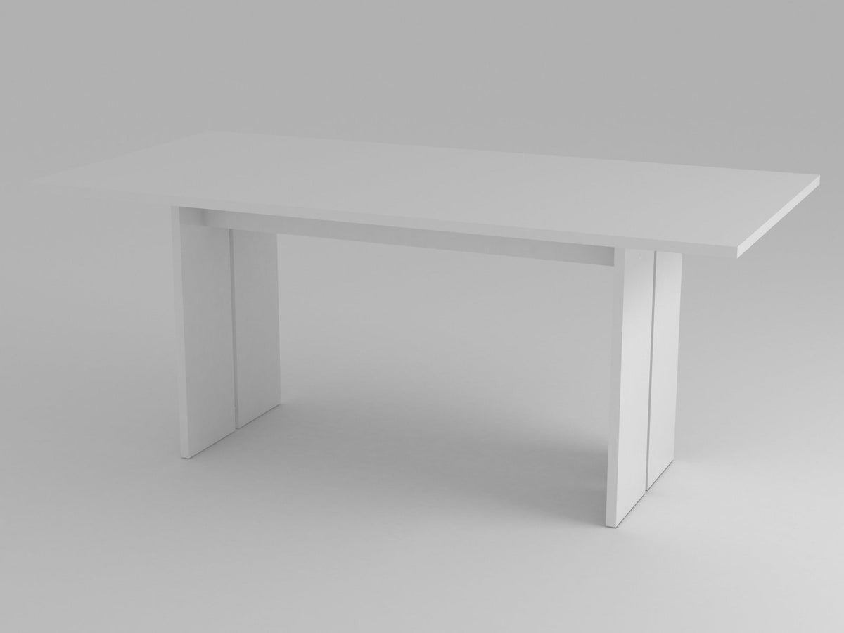 Tavolo da pranzo ANDROMEDA bianco lucido visto di tre quarti su sfondo grigio chiaro, senza sedie
