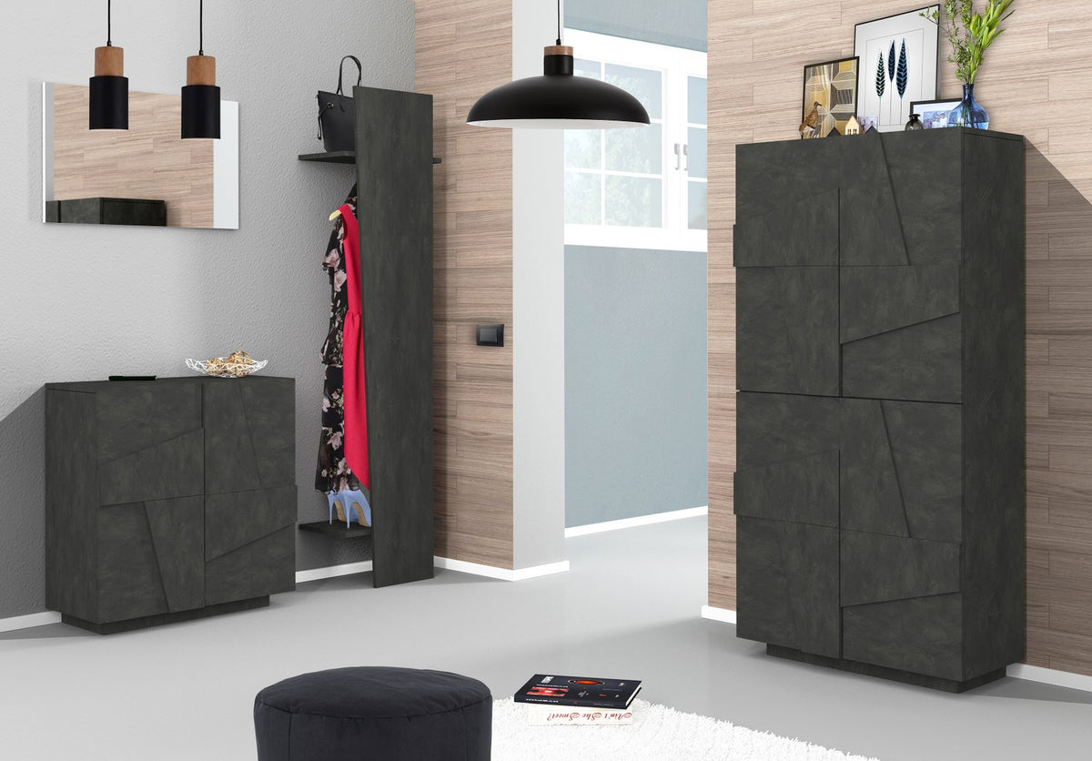 Scarpiera PULSE ardesia alta a quattro ante in un ingresso con appendiabiti coordinato #colore_Ardesia