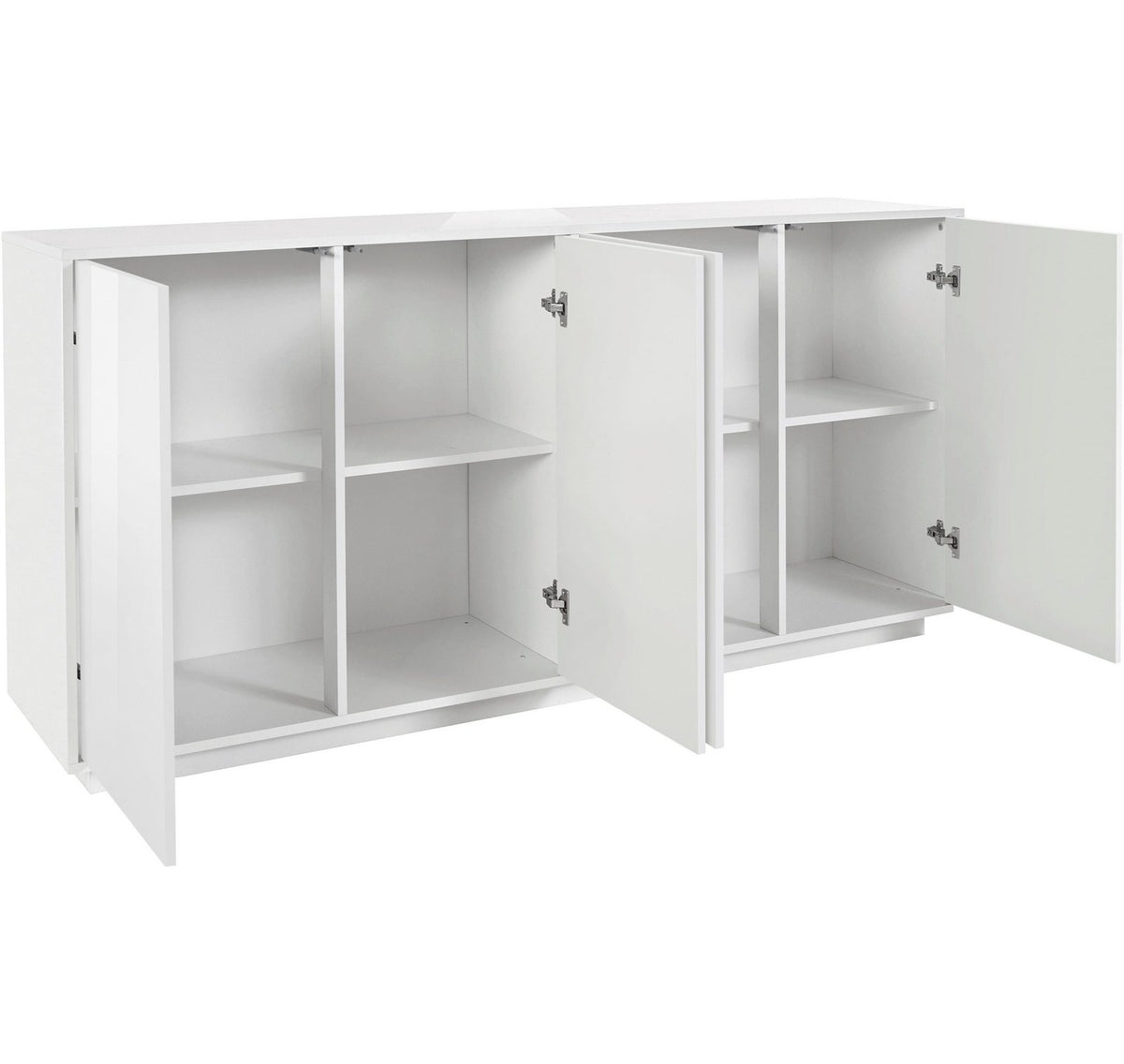 Credenza ENIGMA bianco lucido su sfondo bianco con quattro ante aperte e ripiani interni #colore_Bianco Lucido