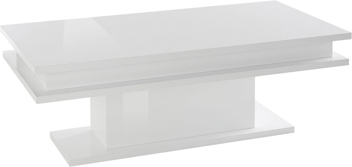 Render del tavolino da salotto EOS bianco lucido su sfondo bianco, con doppio ripiano visibile