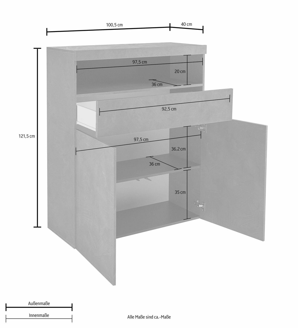 Credenza alta bianco opaco con misure quotate, larghezza 100,5 cm e altezza 121,5 cm