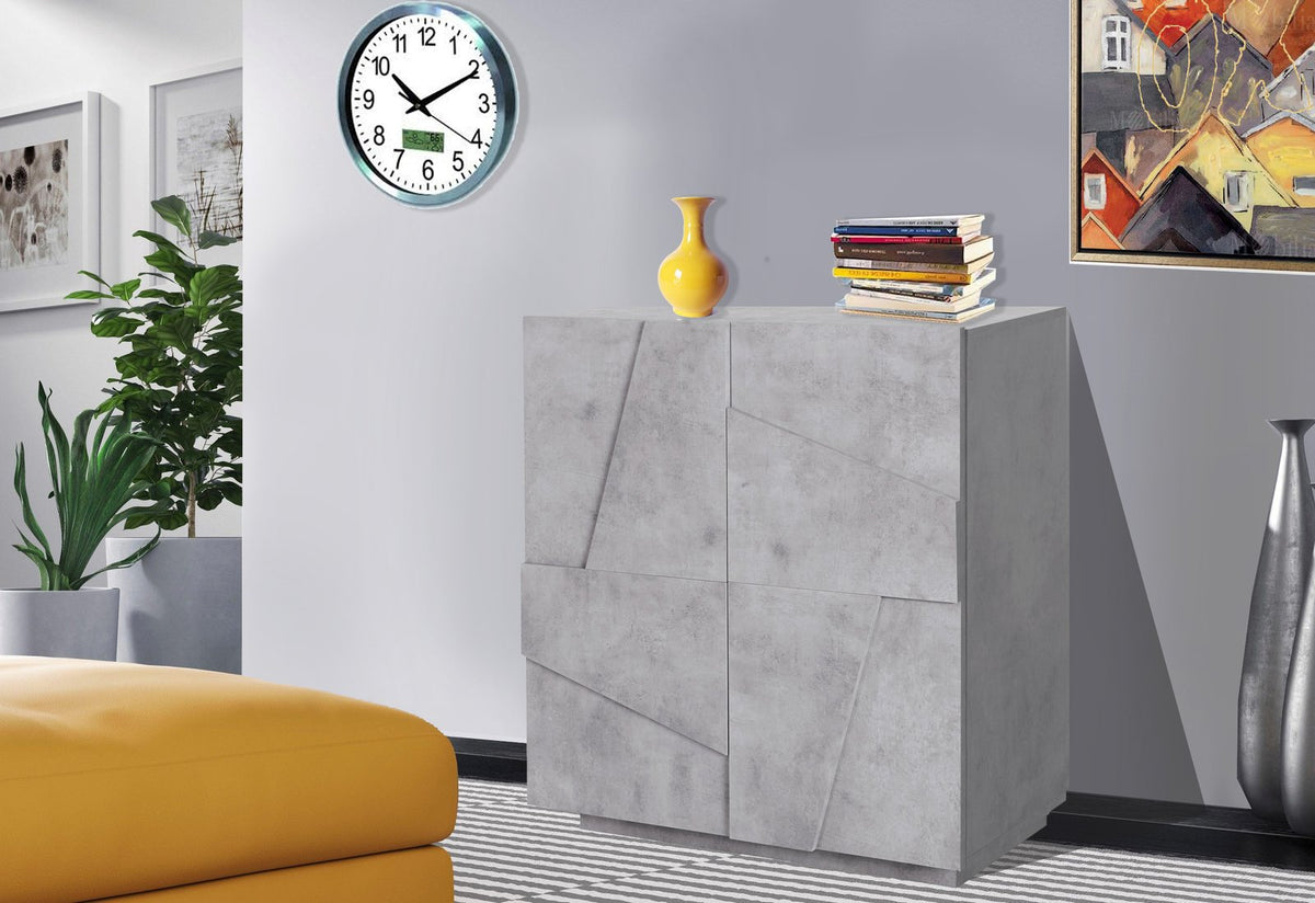 Credenza PULSE cemento in soggiorno con vaso giallo, libri e orologio a parete #colore_Cemento