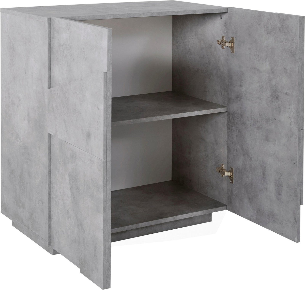 Credenza PULSE cemento con anta aperta che mostra ripiano interno e cerniere metalliche #colore_Cemento