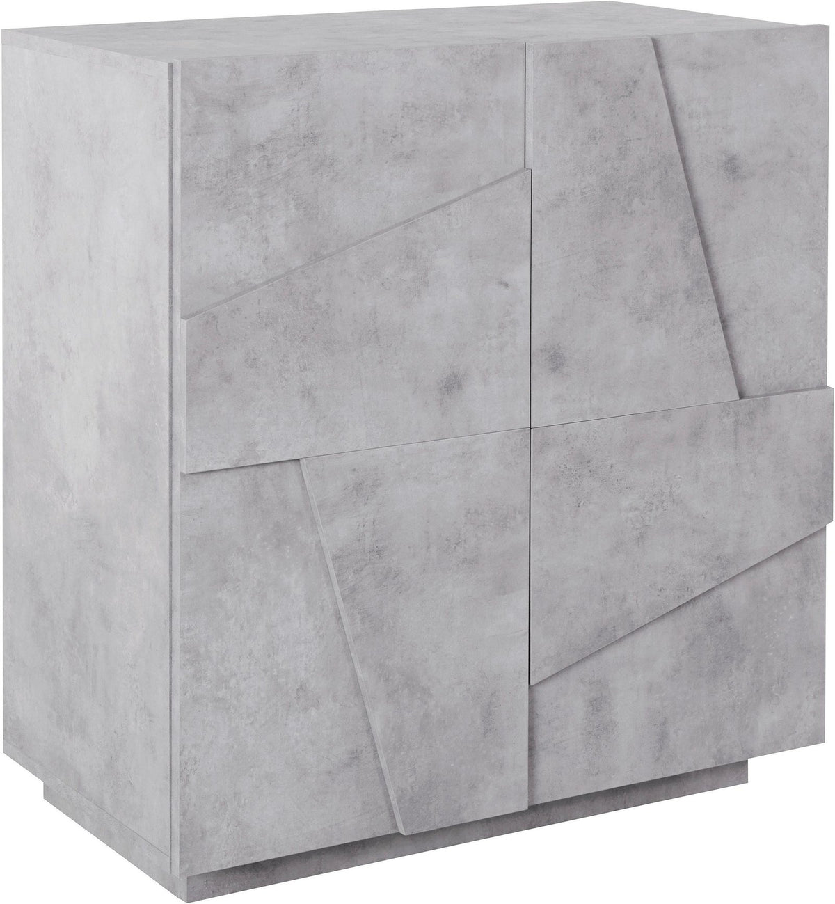 Credenza PULSE cemento su fondo bianco, ante con disegno geometrico a rilievo, vista tre quarti #colore_Cemento