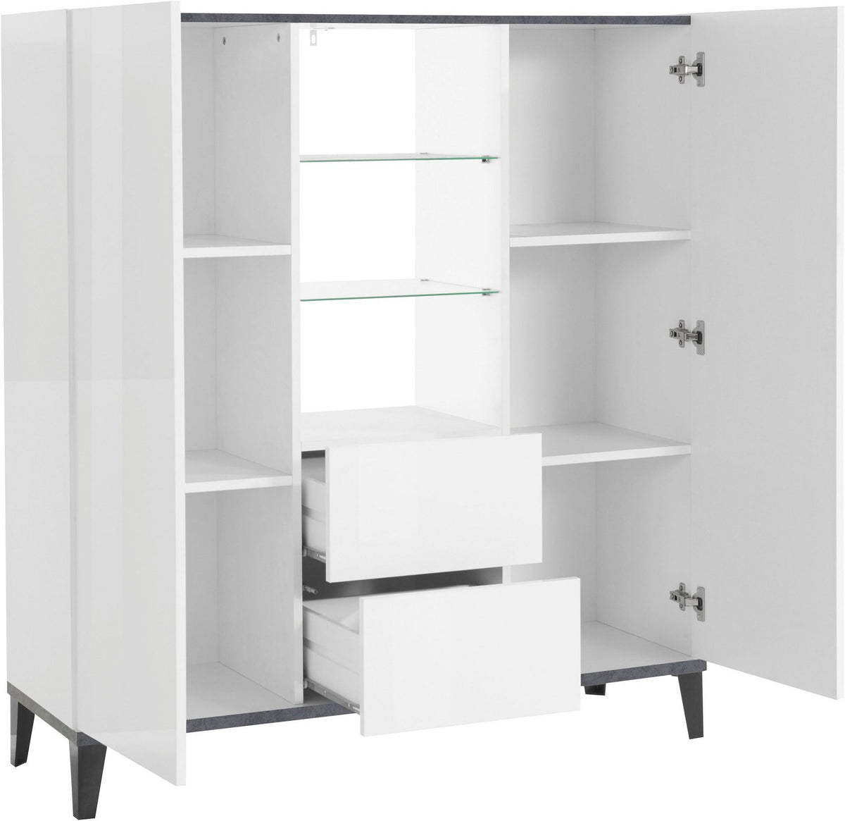 Credenza ARTEMIS bianco opaco frontale con cassetti parzialmente estratti e cerniere a vista