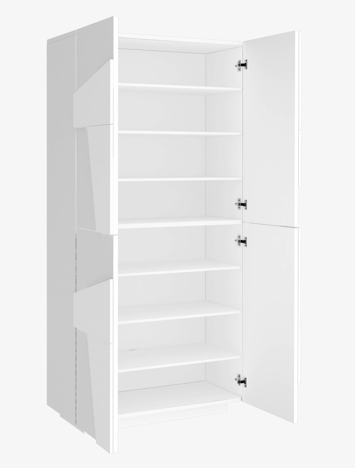 Scarpiera PULSE bianco lucido con ante aperte e sette ripiani interni visibili, vista di tre quarti #colore_Bianco Lucido