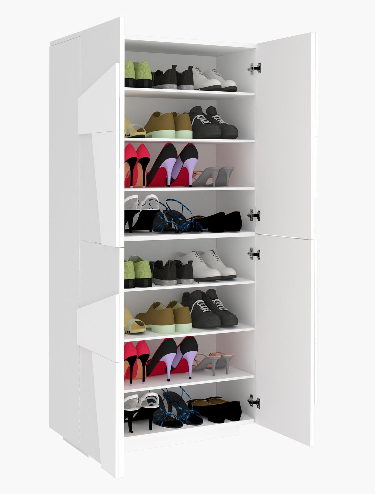 Scarpiera PULSE bianco lucido con ante aperte e scarpe in mostra, su sfondo bianco #colore_Bianco Lucido
