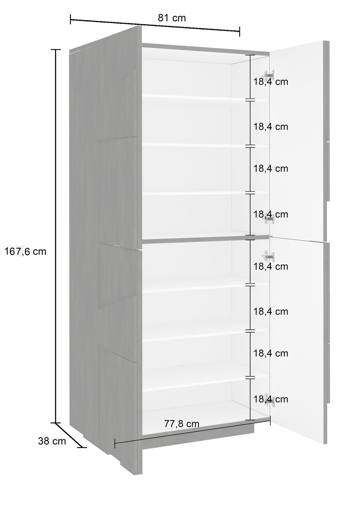 Scarpiera PULSE bianco lucido con ante aperte e misure: 81 cm larghezza, 167,6 cm altezza #colore_Bianco Lucido