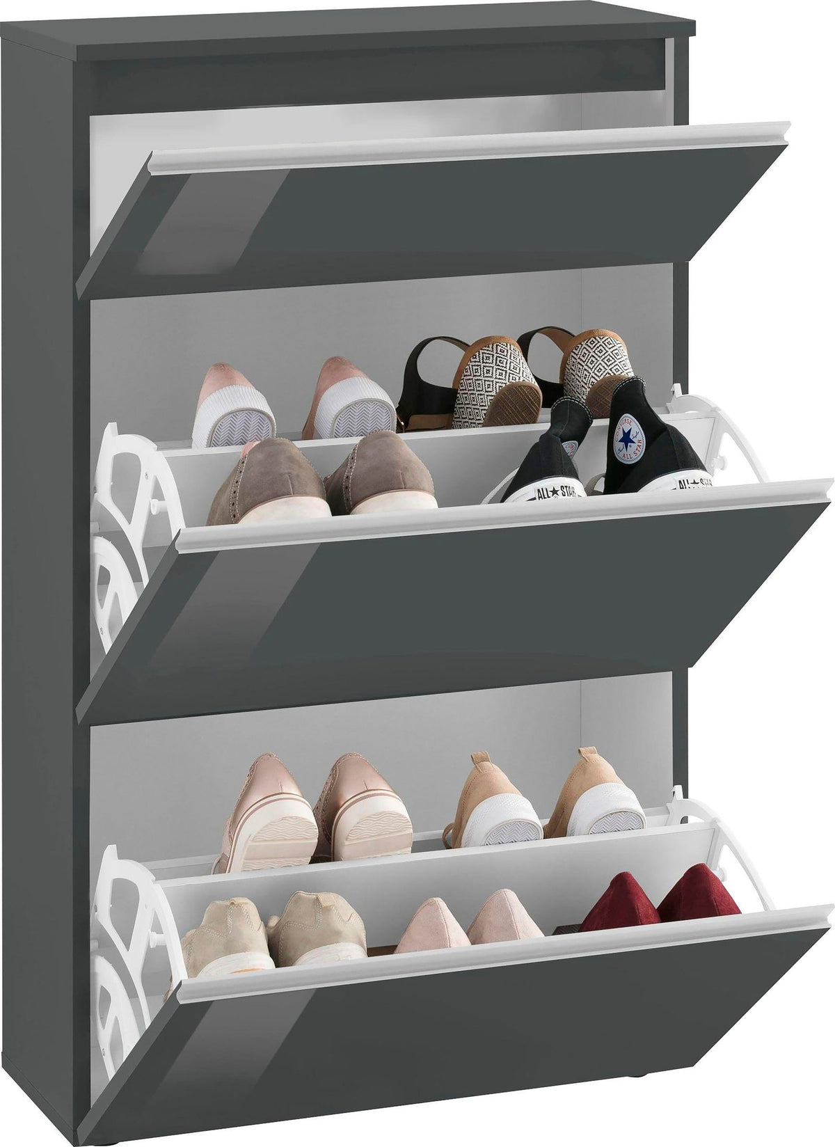 Scarpiera SATURNO antracite lucido con tre ribalte aperte e scarpe all'interno #colore_Antracite Lucido