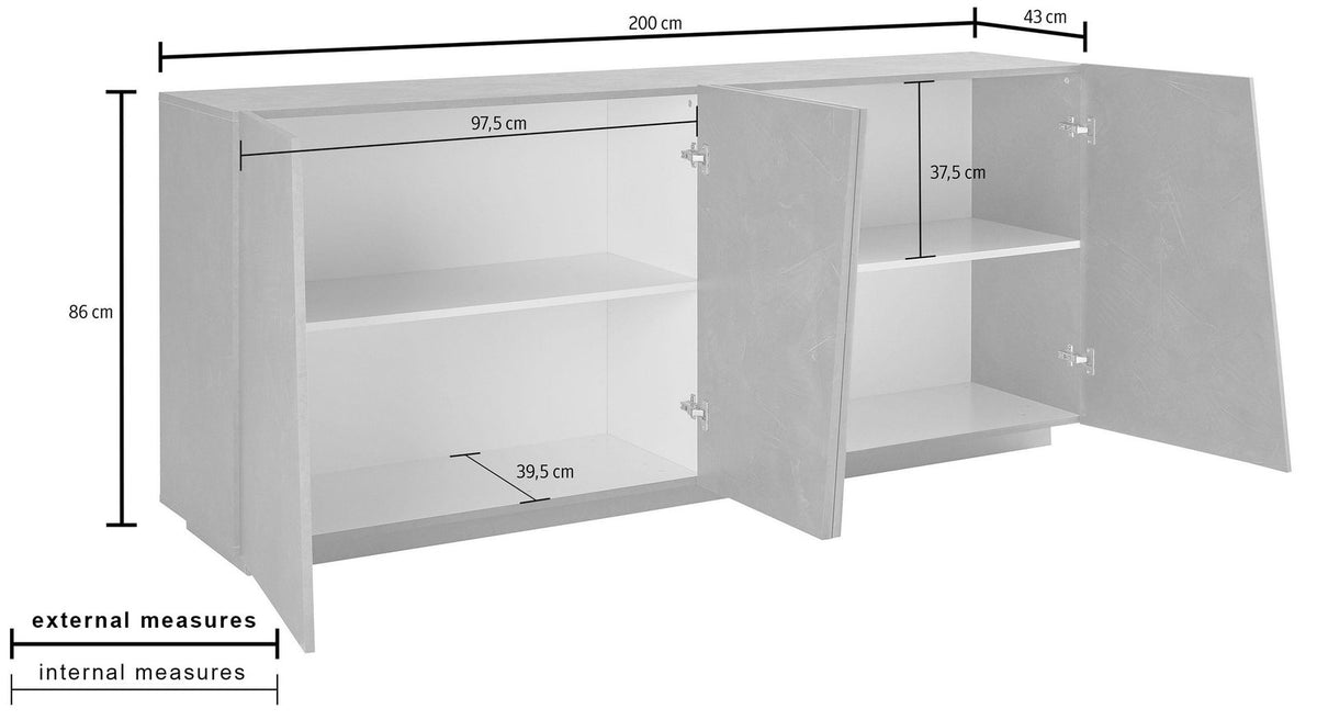 Credenza GALAXIA ardesia con misure quotate: 200 cm di larghezza e 86 cm di altezza #colore_Ardesia