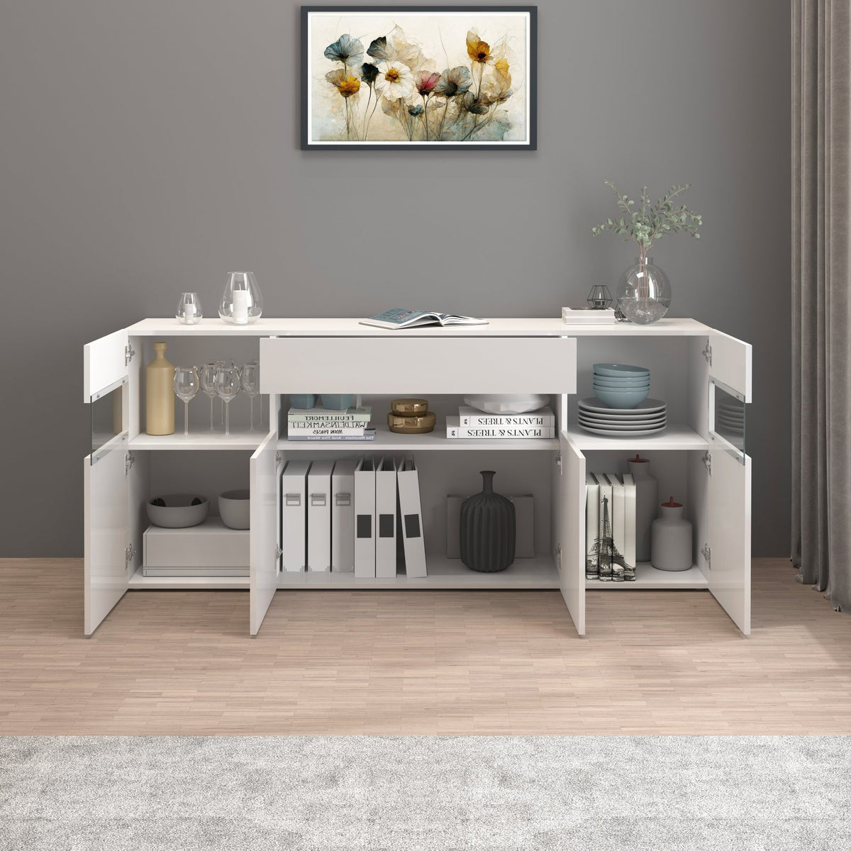 CREDENZA BASSA bianco opaco con tutte le ante aperte, vista frontale con ripiani interni caricati