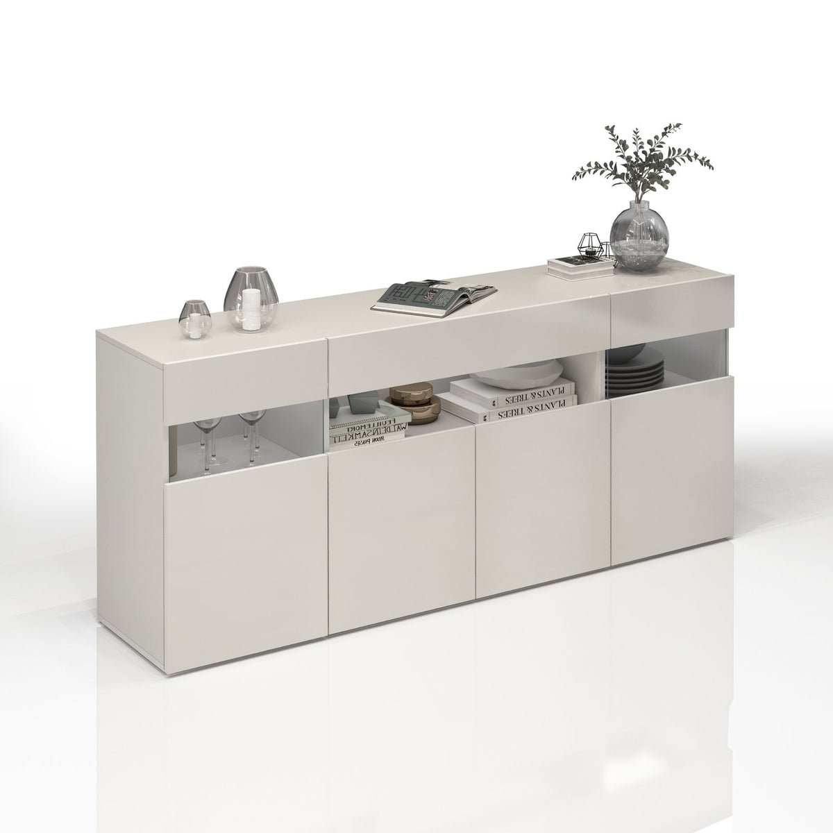 CREDENZA BASSA bianco opaco su fondo neutro, ante a ribalta sollevate e due vani a giorno