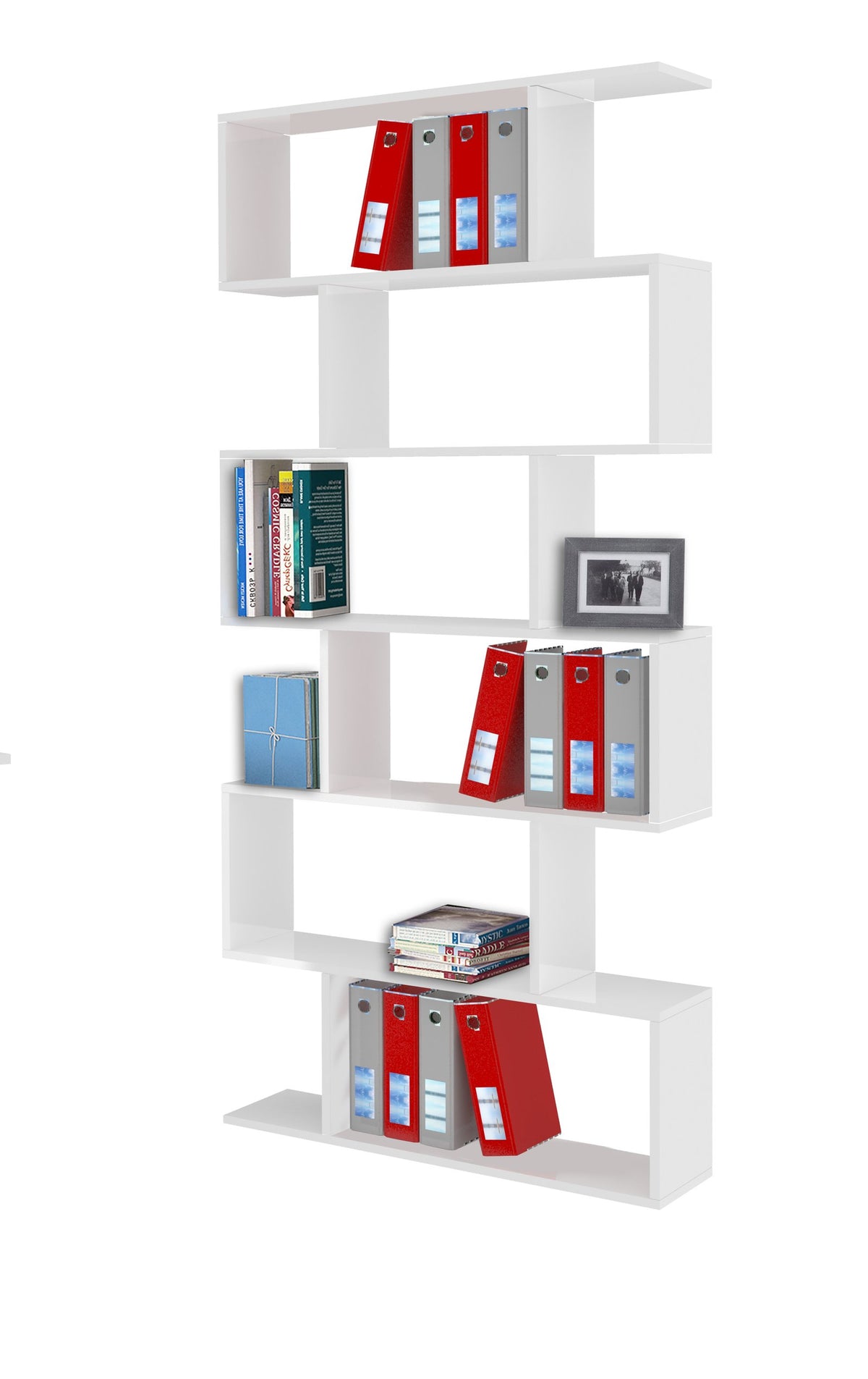 Libreria ODYSSEY bianco lucido arredata con raccoglitori, libri e cornice sui ripiani #colore_Bianco Lucido