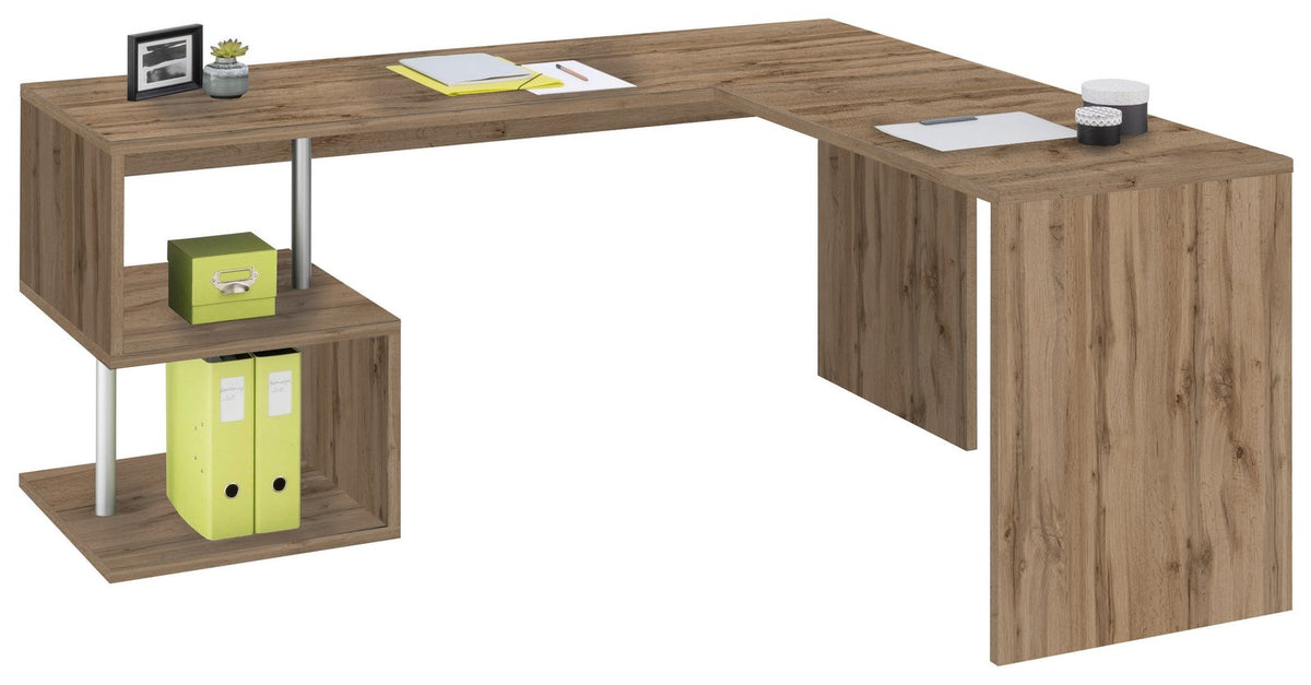 Scrivania HERMES rovere ad angolo su sfondo bianco con ripiani laterali e scatola verde #colore_Rovere