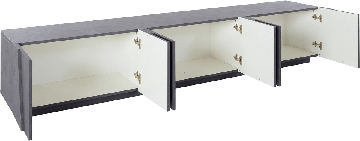 Porta TV PULSE ardesia con sei ante aperte, interno bianco e cerniere ottone #colore_Ardesia