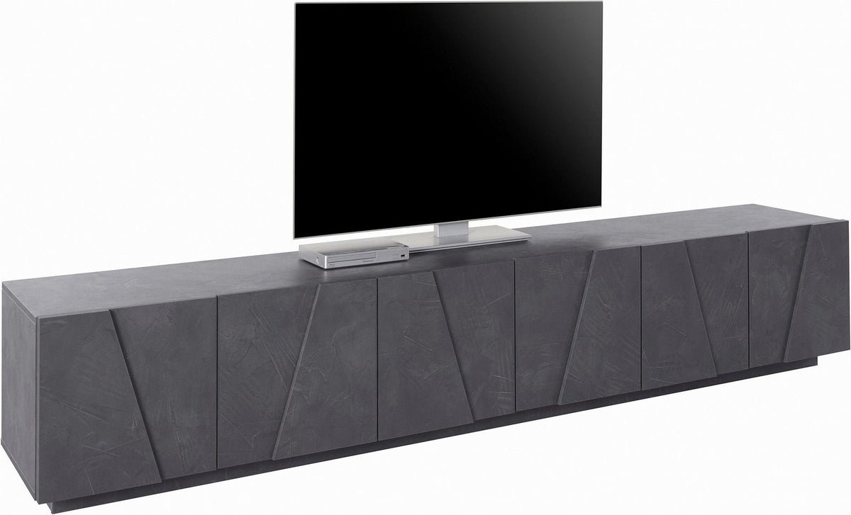Porta TV PULSE ardesia su fondo bianco, ante sfaccettate a effetto pietra, vista di tre quarti #colore_Ardesia