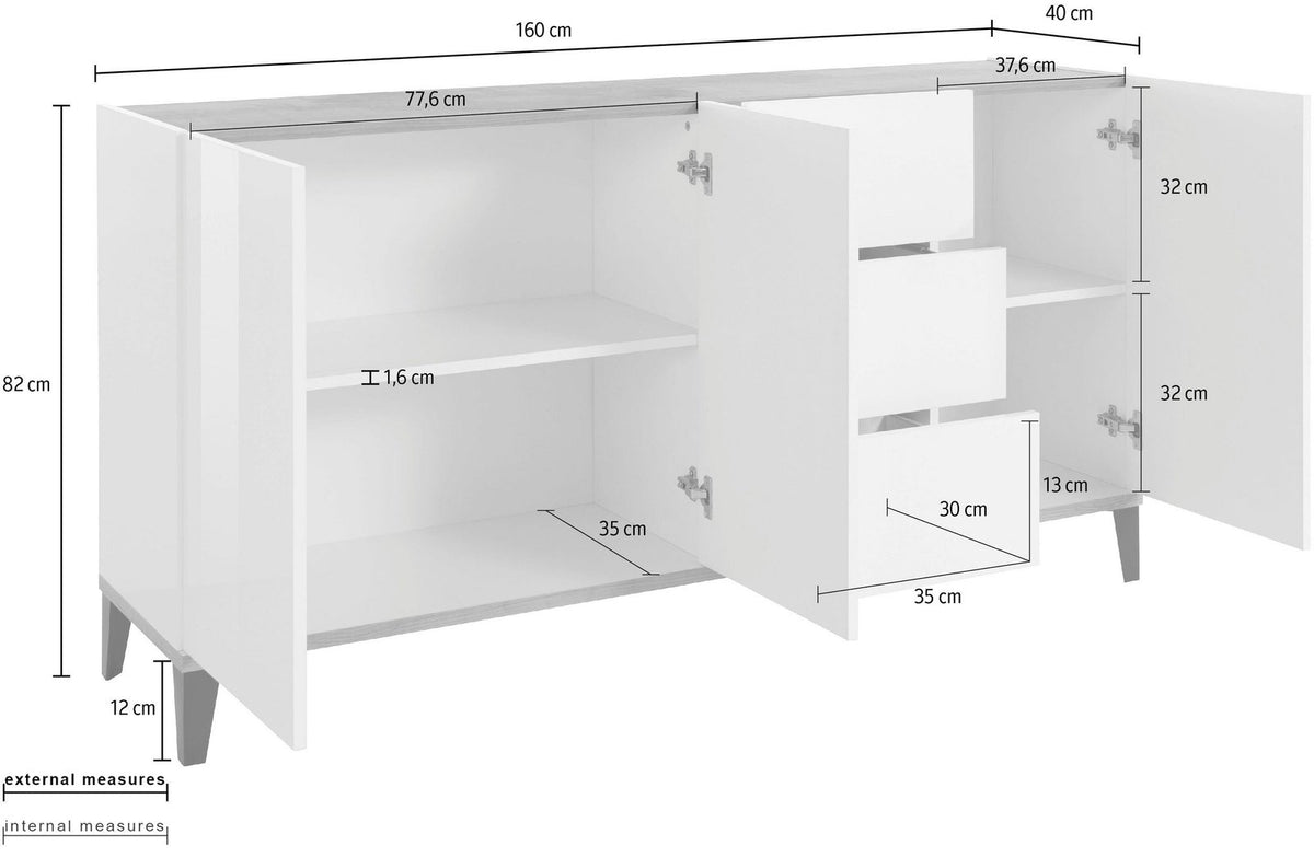 Misure della credenza ARTEMIS bianco opaco: 160 cm di larghezza, 40 di profondità, 82 di altezza