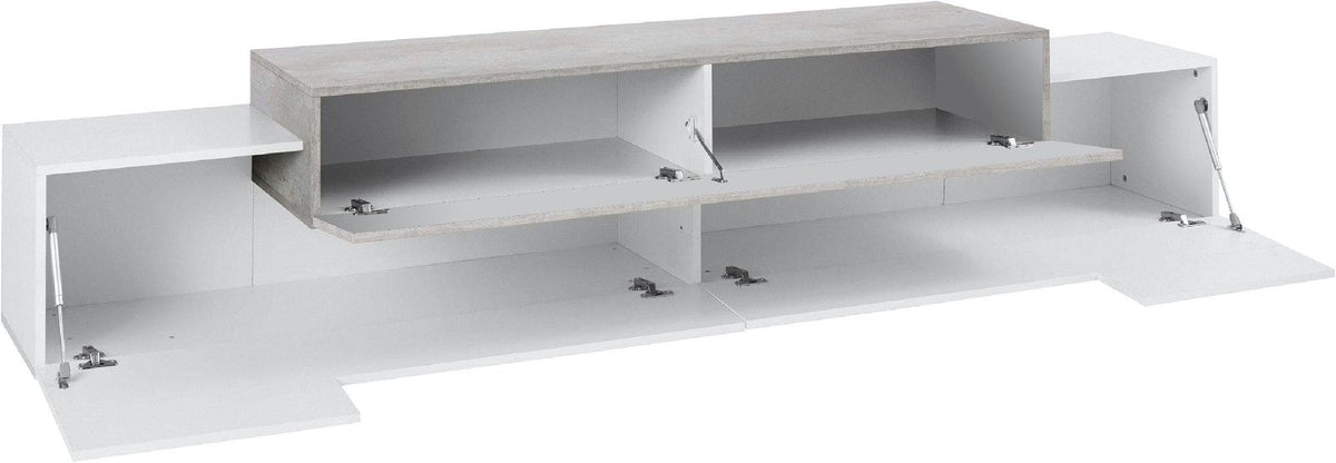 Porta TV CELESTIA bianco lucido con ripiano grigio cemento e ante aperte, vista frontale #colore_Bianco Lucido/Cemento