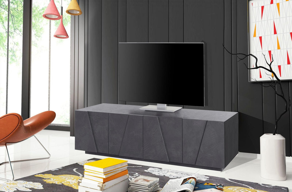 Porta TV PULSE ardesia in salotto con parete a doghe, televisore e lampade a sospensione #colore_Ardesia