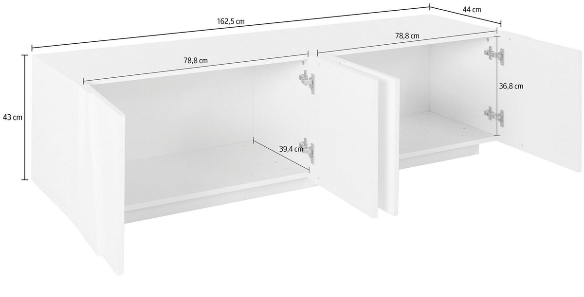 Porta TV PULSE ardesia con ante aperte e quote: lunghezza 162,5 cm, profondità 44 cm #colore_Ardesia