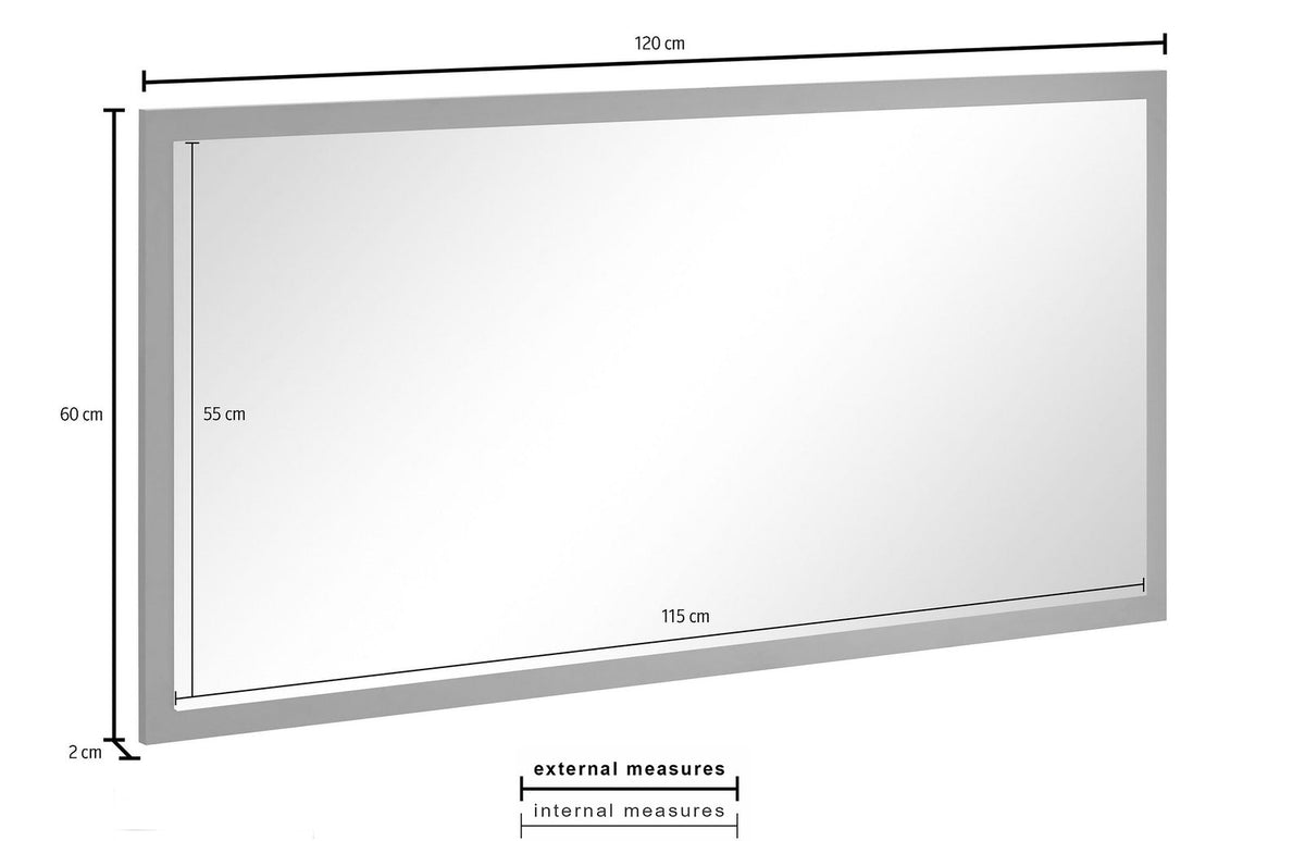 Misure della specchiera ZENITH: 120 cm di larghezza esterna e 60 cm di altezza esterna