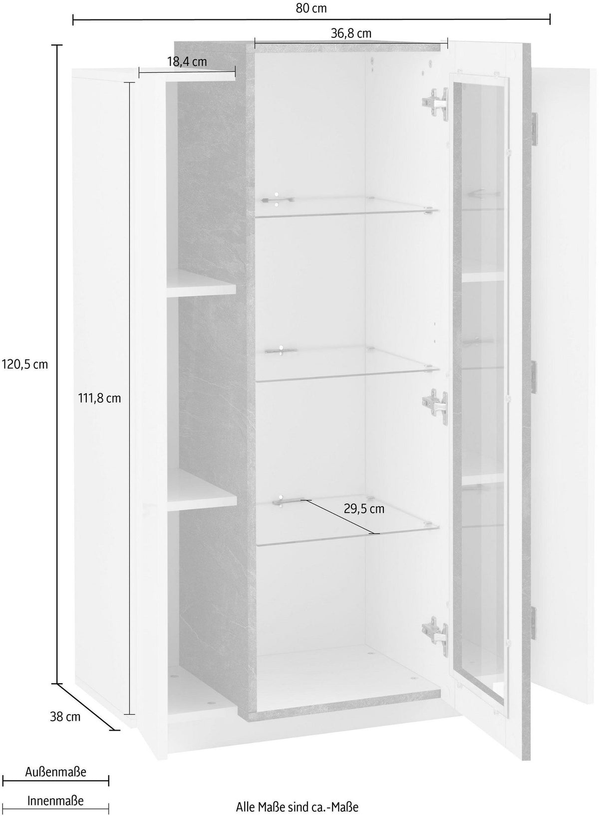 Vetrina CELESTIA bianco lucido con ante aperte e misure quotate in centimetri #colore_Bianco Lucido/Antracite Opaco