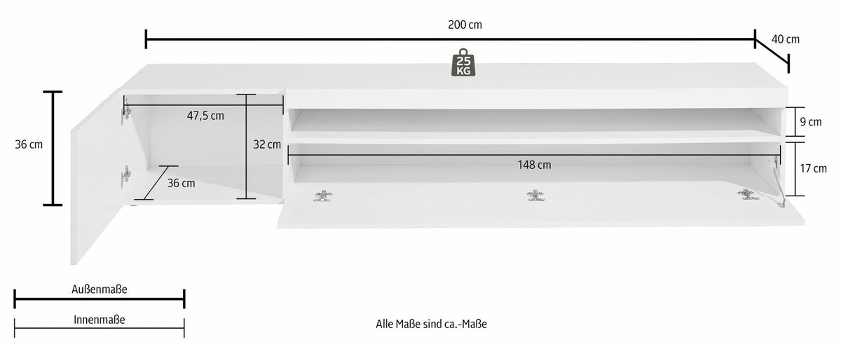 Disegno tecnico del porta TV bianco opaco con misure: 200 cm di larghezza, 40 di profondita