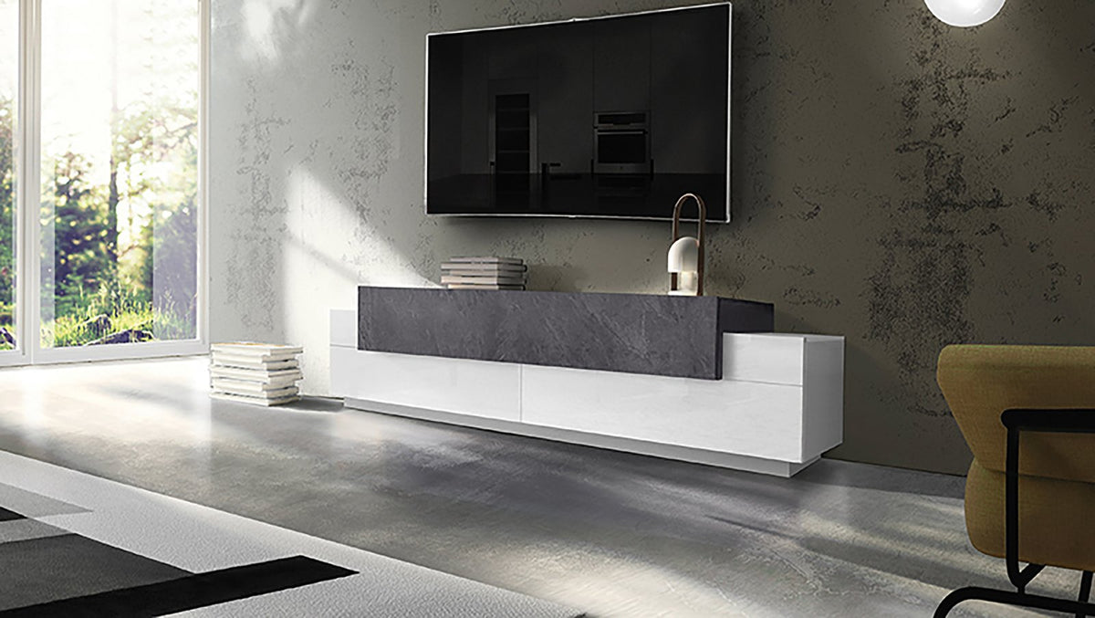 Porta TV CELESTIA bianco lucido con fascia grigia effetto pietra in soggiorno #colore_Bianco Lucido/Antracite Opaco