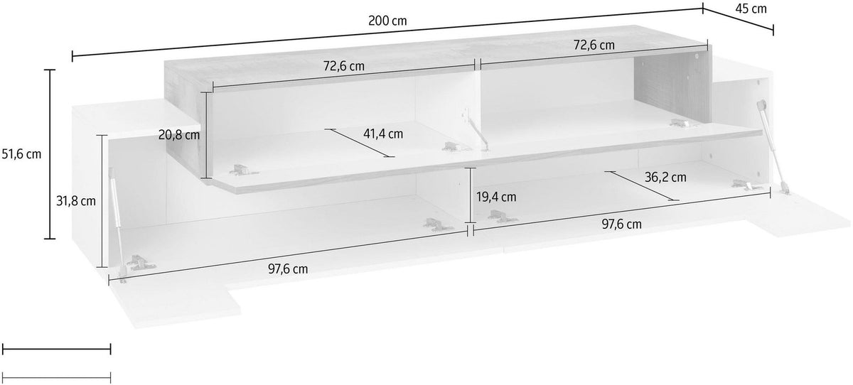 Porta TV CELESTIA con ante aperte, misure 200 cm di larghezza e 45 cm di profondità #colore_Bianco Lucido/Antracite Opaco