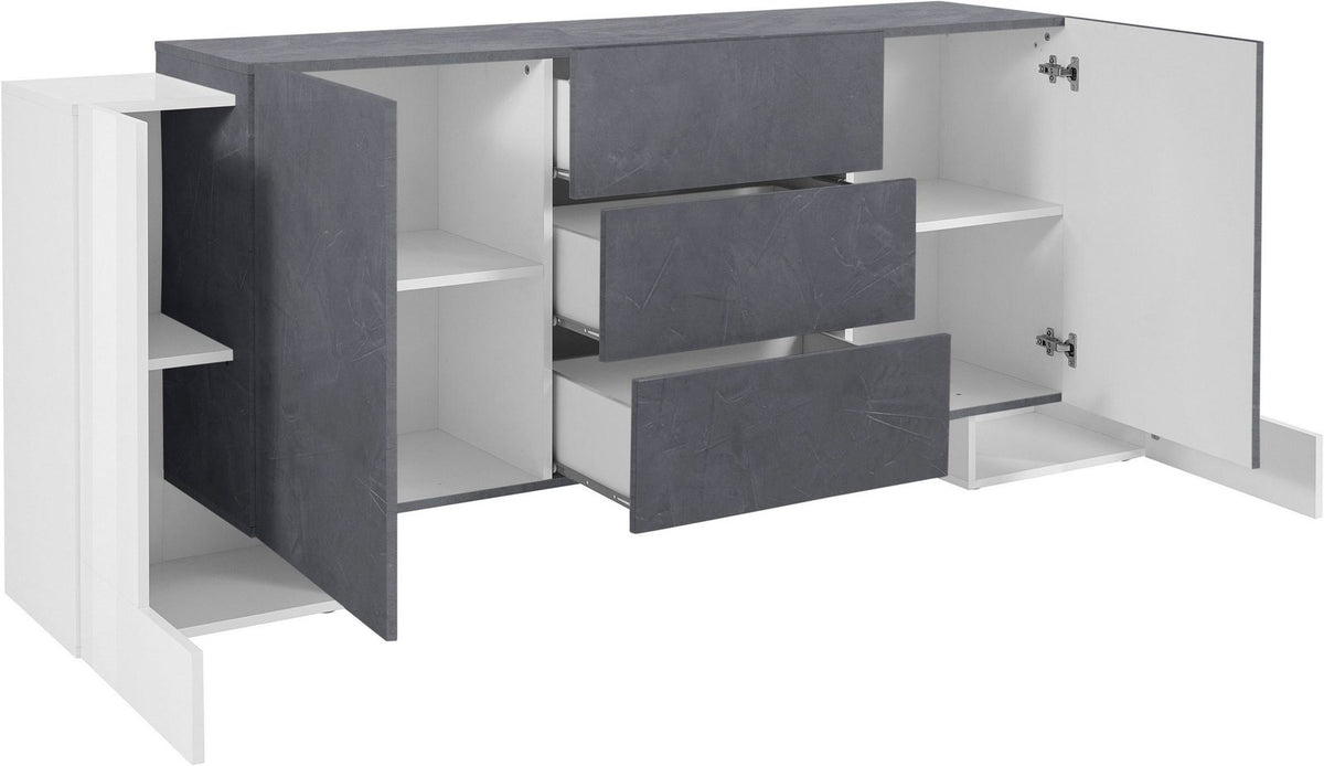 Credenza APEX bianco lucido con vani aperti e cassetti estratti su basamento bianco