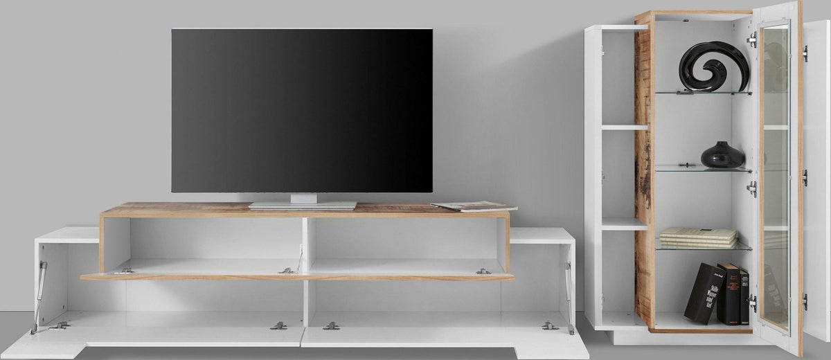 Parete CELESTIA bianco lucido e acero pereira con ribalte abbassate e vetrina con ante aperte #colore_Bianco Lucido/Acero Pereira
