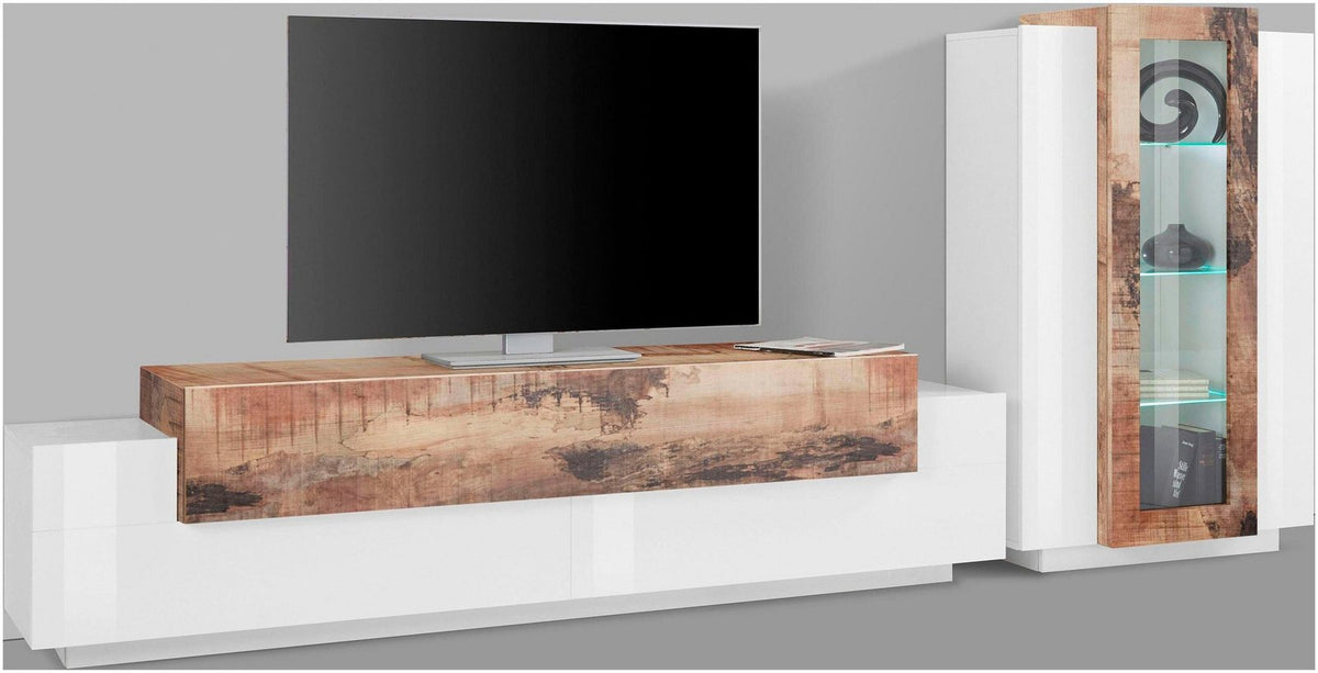 Parete CELESTIA bianco lucido e acero pereira con cassettoni sotto la TV e vetrina con vetro #colore_Bianco Lucido/Acero Pereira