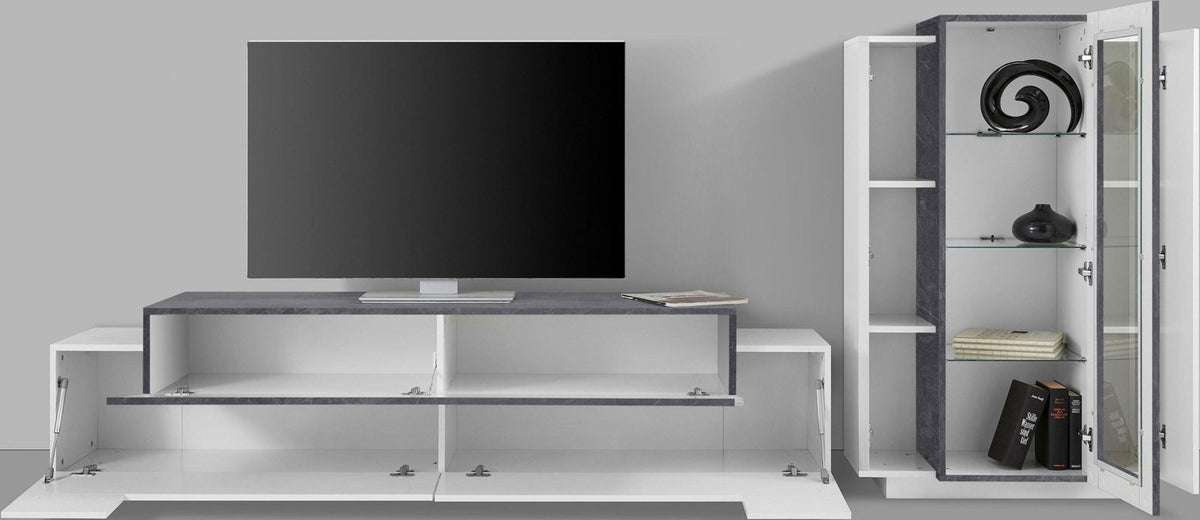 Parete CELESTIA bianco lucido con ante aperte e vetrina a destra, vista frontale in ambiente neutro #colore_Bianco Lucido/Antracite Opaco