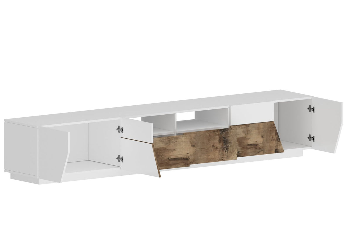 Porta TV NEBULA bianco lucido su fondo bianco con cassetti centrali in acero pereira aperti #colore_Bianco Lucido/Acero Pereira