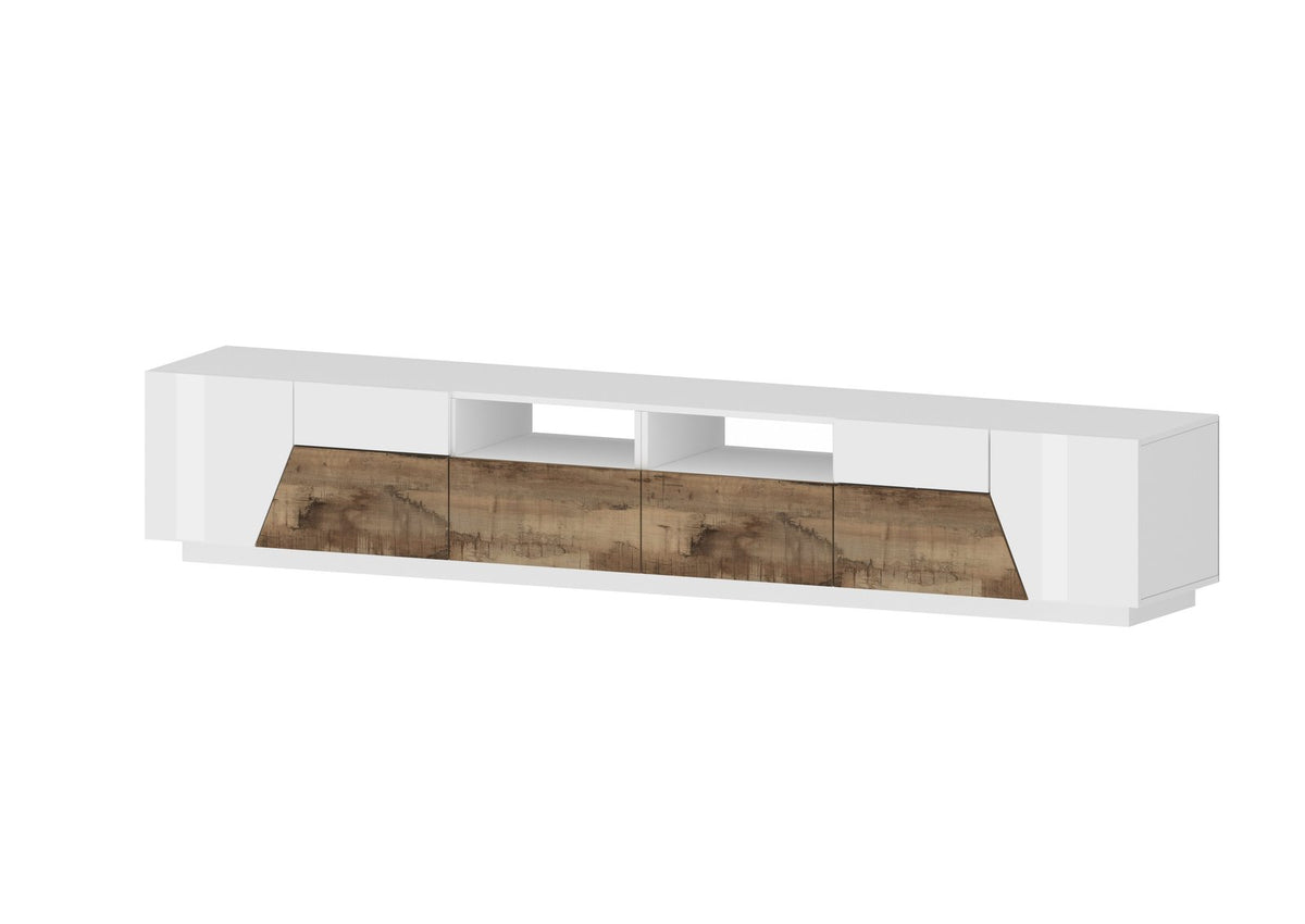 Render del porta TV NEBULA con quattro ante in acero pereira sotto i vani centrali #colore_Bianco Lucido/Acero Pereira