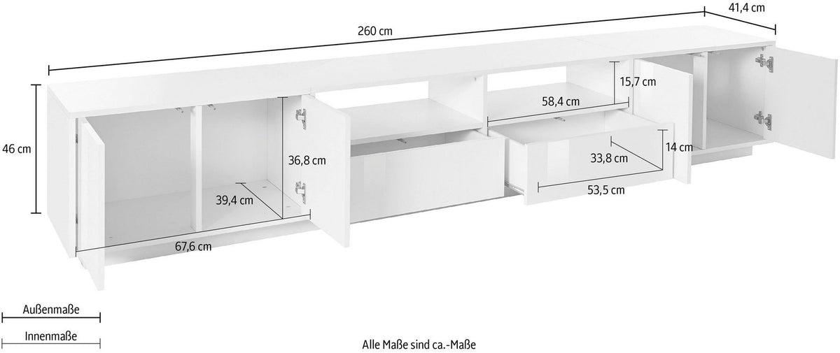 Porta TV ENIGMA bianco lucido con ante aperte e quote in centimetri, 260 cm di lunghezza