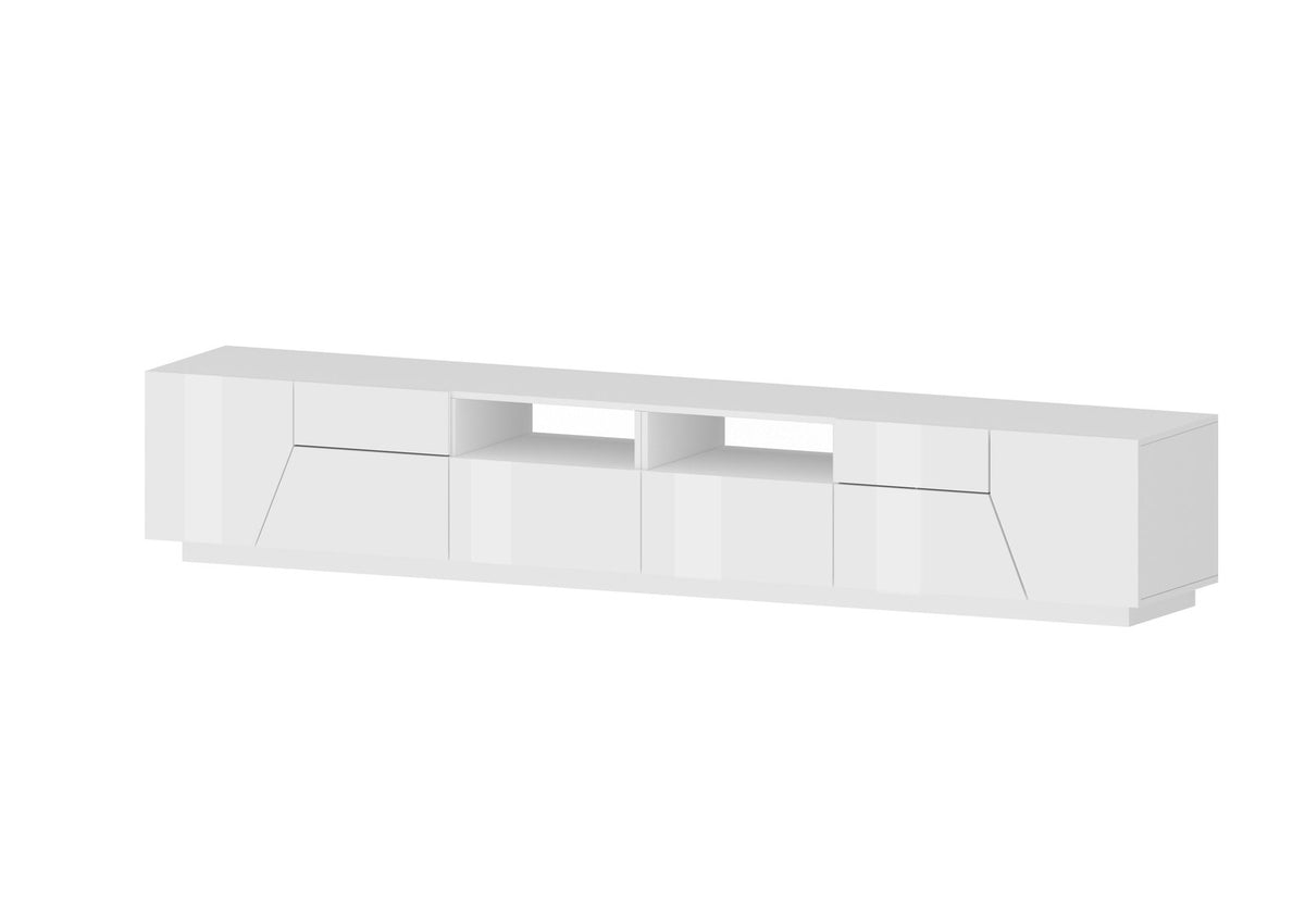 Render del porta TV NEBULA bianco lucido con due vani centrali e moduli ai lati #colore_Bianco Lucido