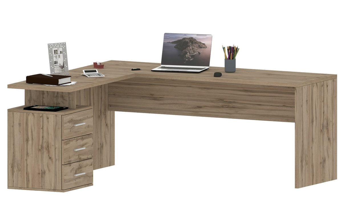 Render della scrivania angolare NOVA rovere con cassettiera a tre cassetti argentati, vista tre quarti #colore_Rovere