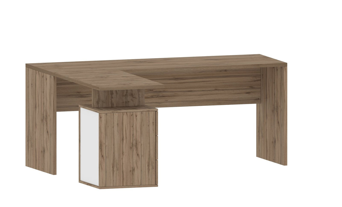 Scrivania NOVA in legno rovere chiaro con cassettiera a tre cassetti, vista tre quarti #colore_Rovere