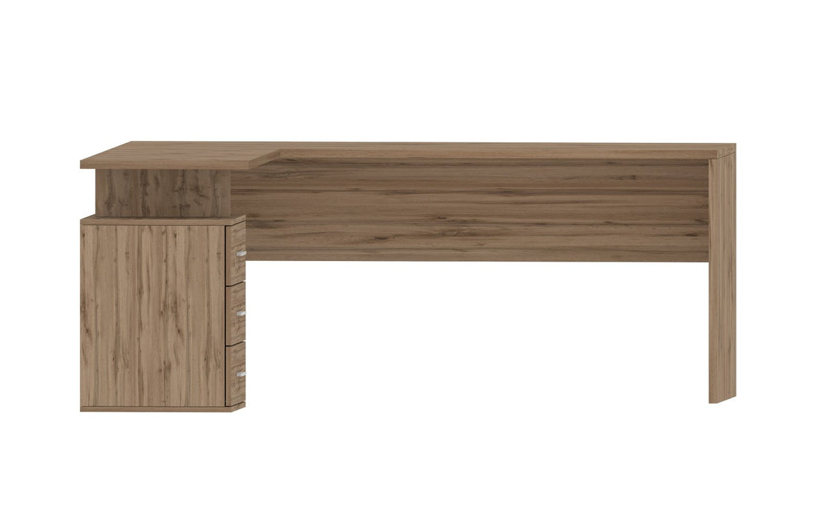 Scrivania NOVA rovere con cassettiera a tre cassetti, vista frontale su fondo bianco #colore_Rovere