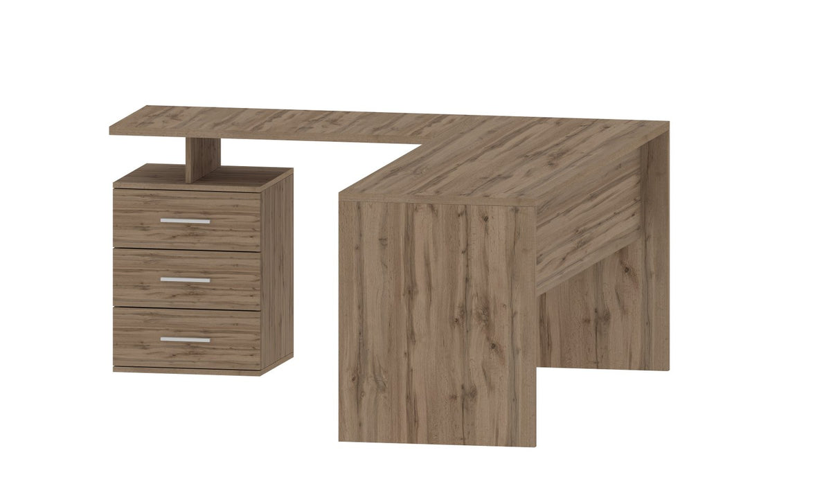 Scrivania angolare NOVA in finitura rovere chiaro con cassettiera a tre cassetti, vista tre quarti #colore_Rovere