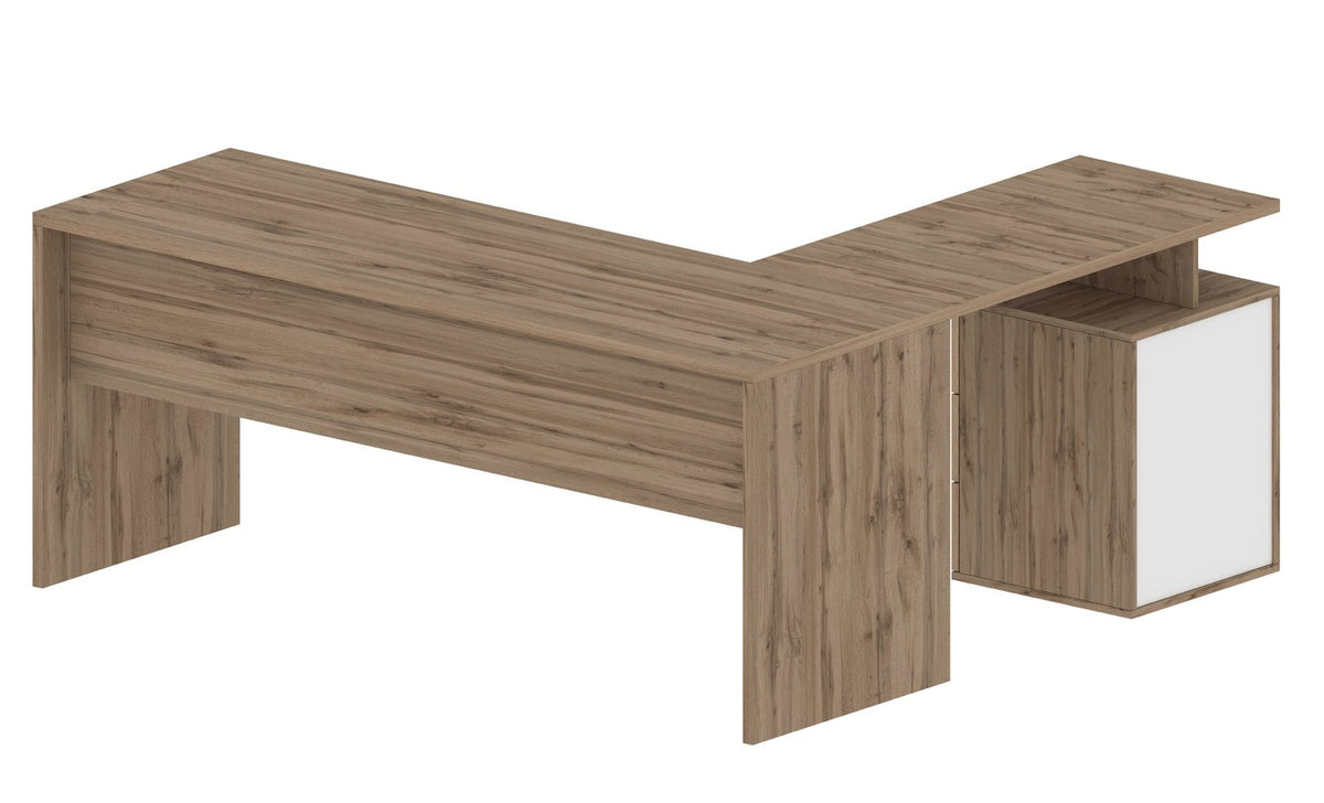 Scrivania angolare NOVA rovere con mobile a un'anta bianco agganciato sul lato destro, su fondo bianco #colore_Rovere