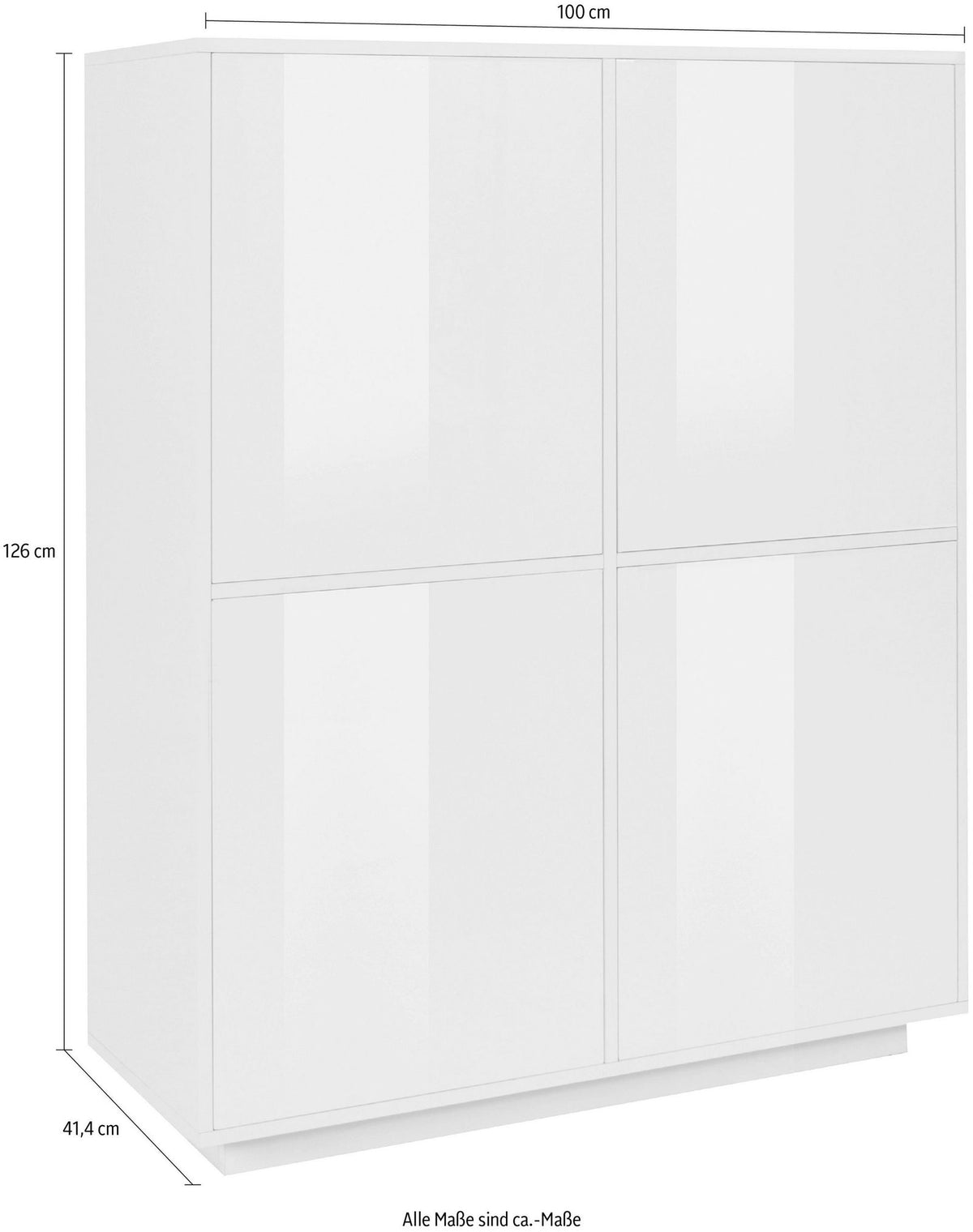 Credenza alta ENIGMA bianco lucido con misure: 100 cm larghezza, 126 cm altezza, 41,4 cm profondità